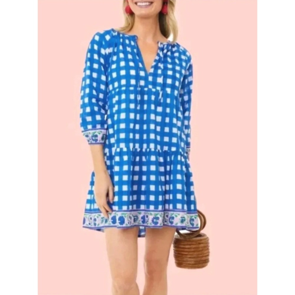 SZ Blockprints Tuckernuck Priya Dress Women's Medium Blue Gingham Floral Cotton